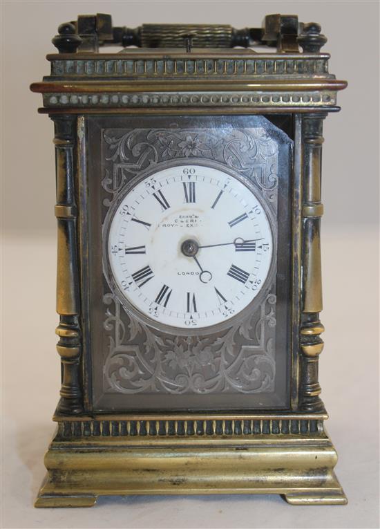 A late 19th century French brass hour repeating carriage clock, 6in.